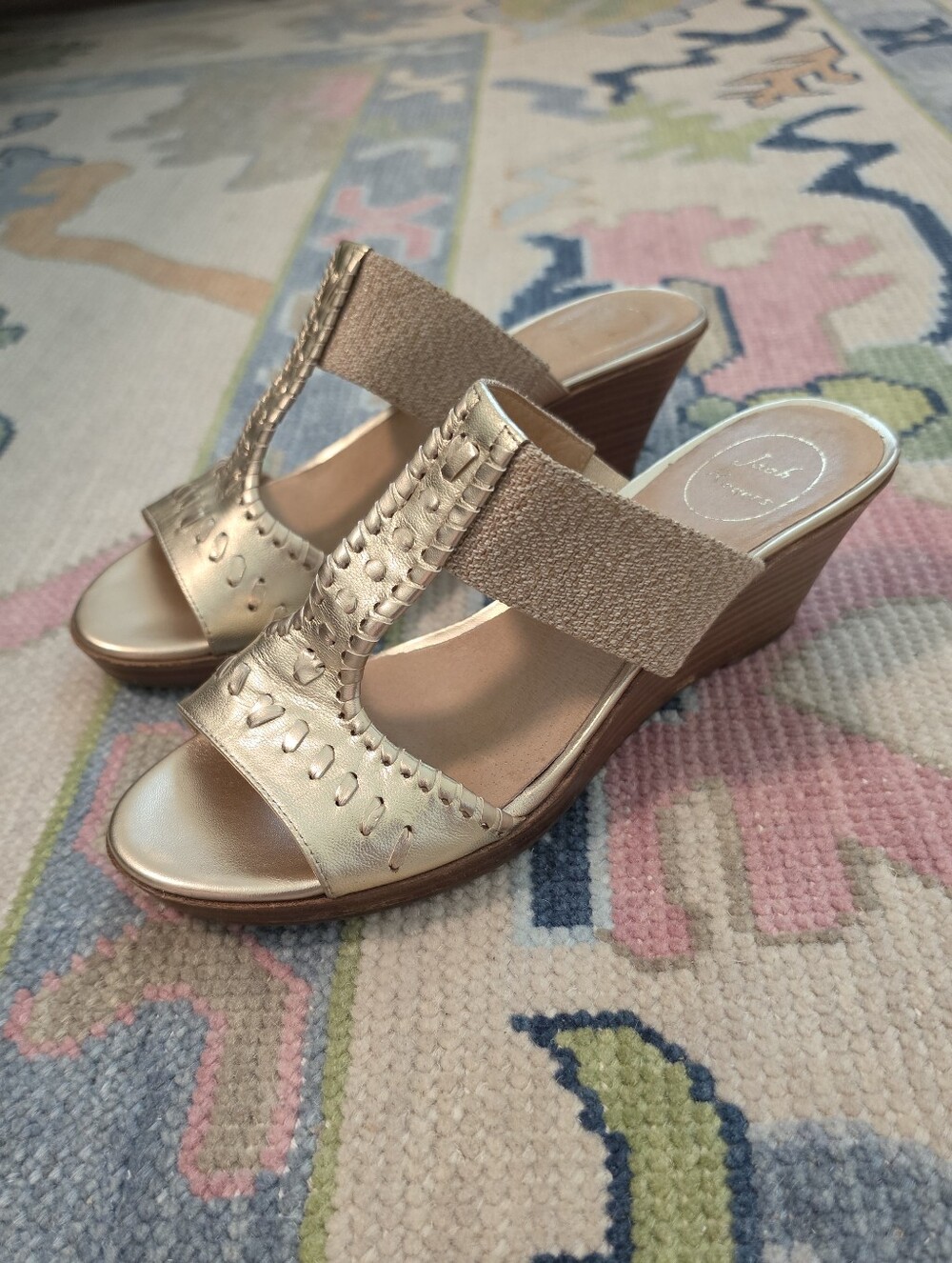 Jack Rogers Gold Wedge Sandals with Braided T-Strap